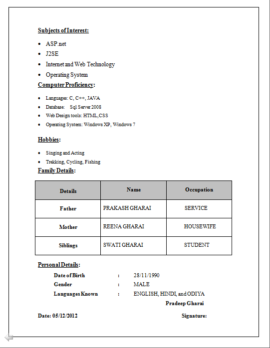 Resume format for computer science engineering students freshers